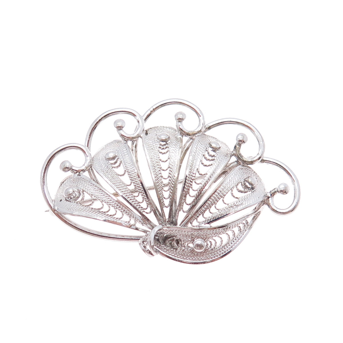 925 Sterling Silver Vintage Modernist Fan Filigree Pin Brooch