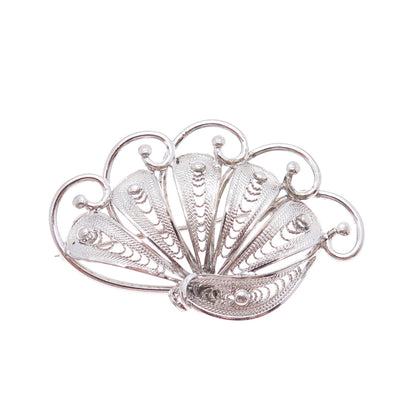 925 Sterling Silver Vintage Modernist Fan Filigree Pin Brooch