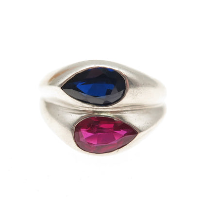 925 Sterling Silver Vintage Lab-Created Ruby & Sapphire Modernist Ring Size 5