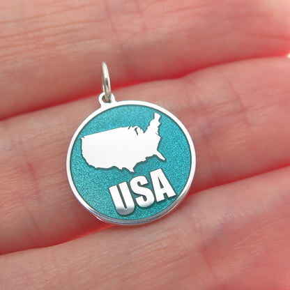 925 Sterling Silver Turquoise Enamel USA Map Round Tag Minimalist Charm Pendant