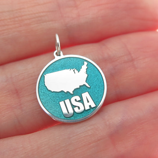 925 Sterling Silver Turquoise Enamel USA Map Round Tag Minimalist Charm Pendant