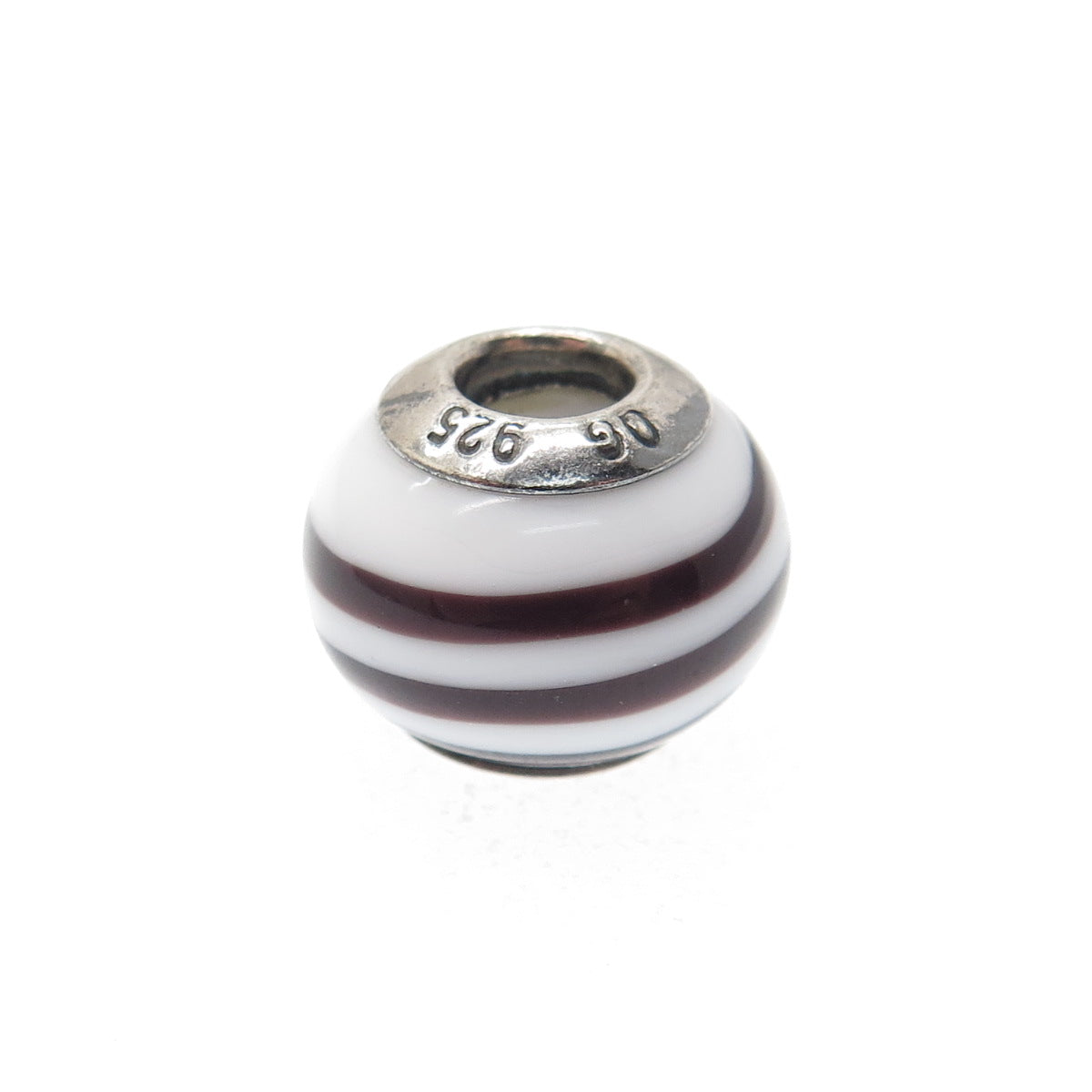 925 Sterling Silver QG Italy Chocolate & White Murano Glass Bead Charm