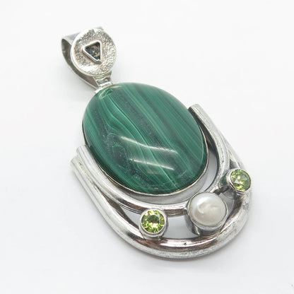 925 Sterling Silver Vintage Real Malachite Peridot Gemstone & Pearl Pendant