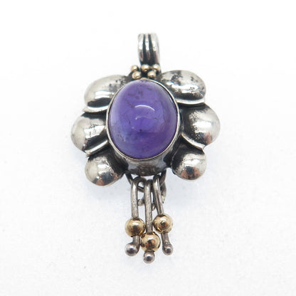 ORION Sterling Silver & 14K Gold Vintage Real Amethyst Modernist Flower Pendant