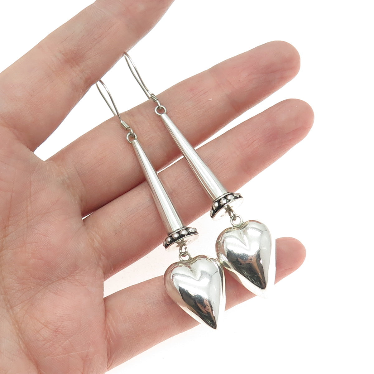 925 Sterling Silver Vintage Modernist Granulated Heart Dangle Earrings