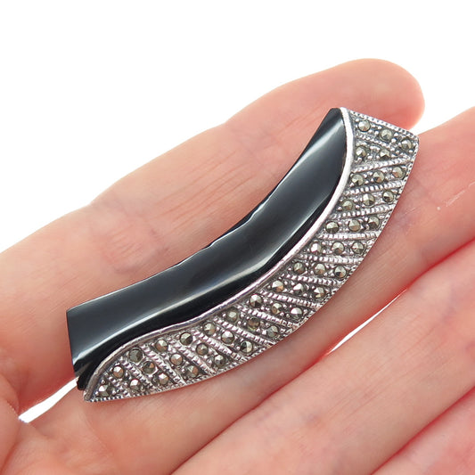 925 Sterling Vintage Real Black Onyx & Marcasite Modernist Oxidized Pin Brooch