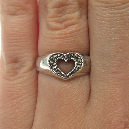 925 Sterling Silver Vintage Real Marcasite Open Heart Oxidized Ring Size 6