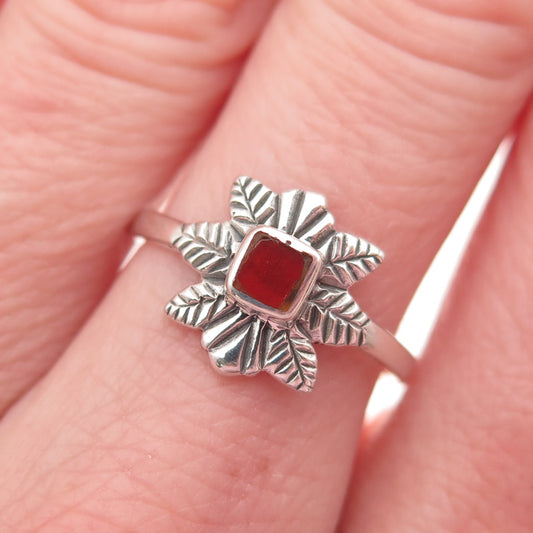 925 Sterling Silver Vintage Real Carnelian Floral Ring Size 7.25