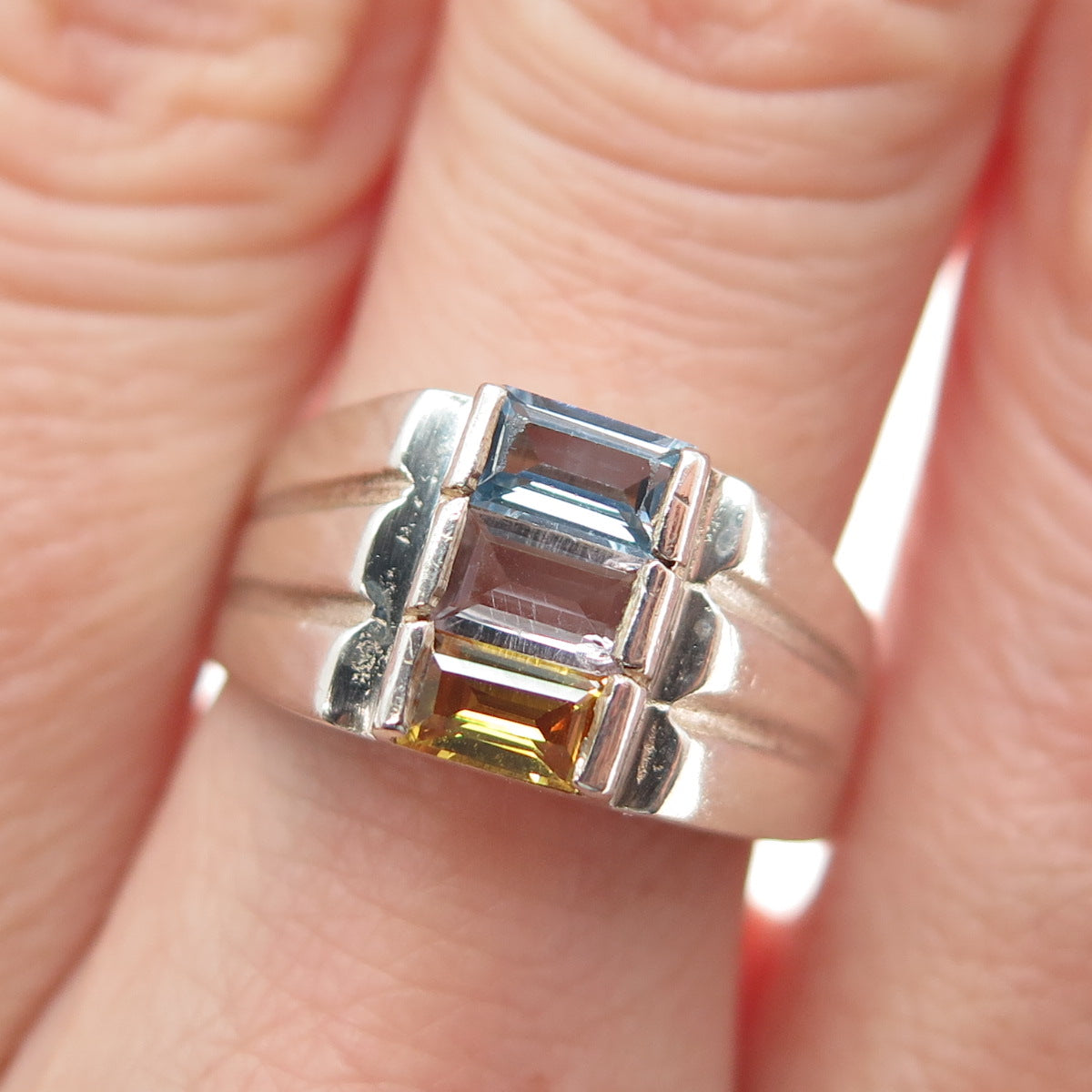 925 Sterling Silver Vintage Real Blue & White Topaz Citrine Ring Size 8