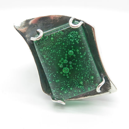 PRIOLI 925 Sterling Silver Green Glass Modernist Ring Size 8