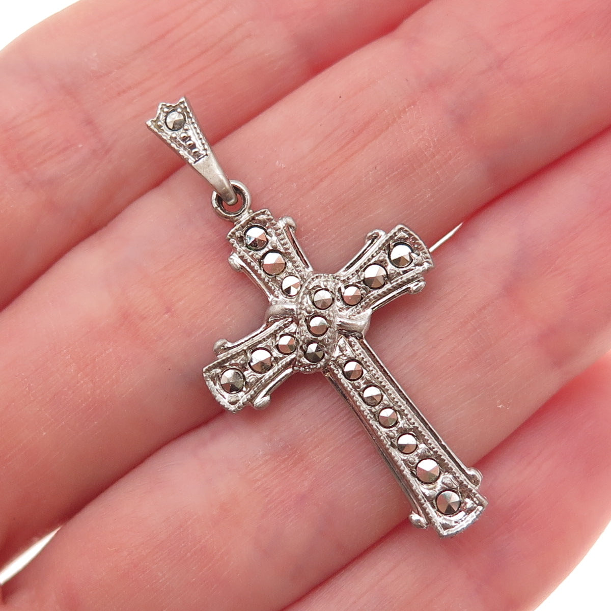 Theda 925 Sterling Silver Antique Art Deco Real Marcasite Cross Charm Pendant
