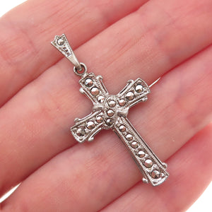 Theda 925 Sterling Silver Antique Art Deco Real Marcasite Cross Charm Pendant