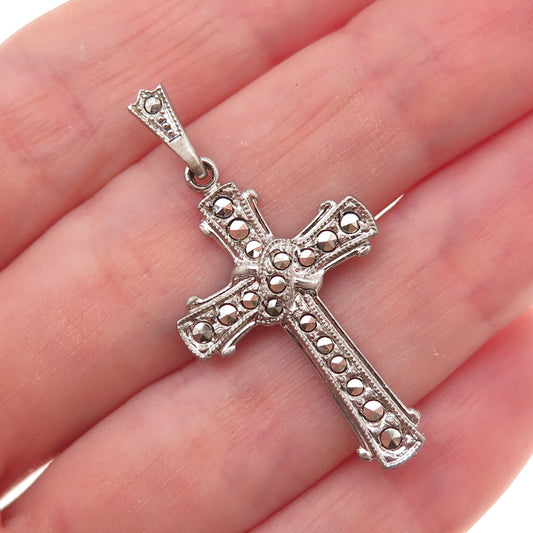 Theda 925 Sterling Silver Antique Art Deco Real Marcasite Cross Charm Pendant