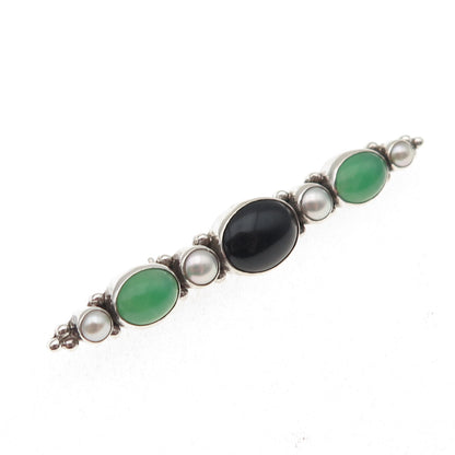 JGD Janice Girardi 925 Sterling Vintage Real Black Onyx Chalcedony Pearl Brooch