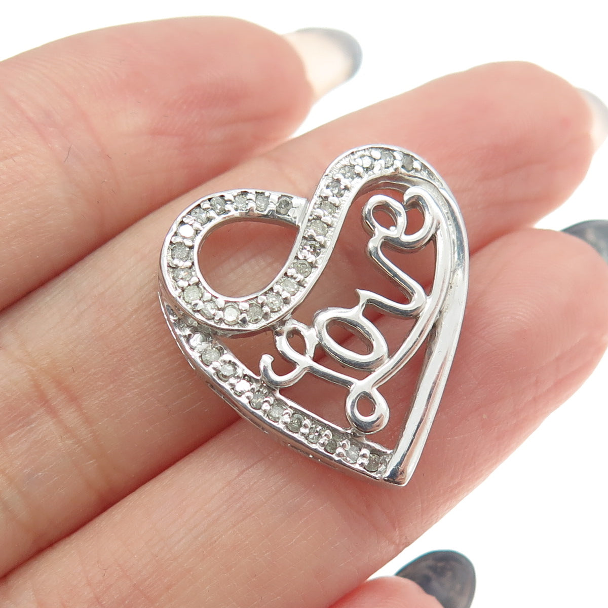 925 Sterling Silver Real Round-Cut Diamond "LOVE" Infinity Heart Slide Pendant