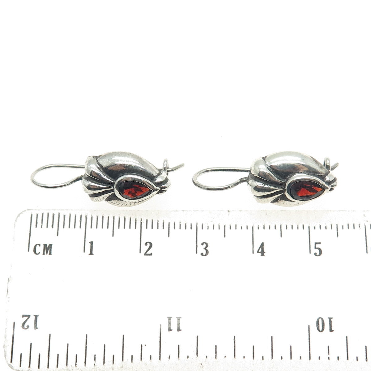 925 Sterling Silver Vintage Real Pear-Cut Red Garnet Oxidized Earrings
