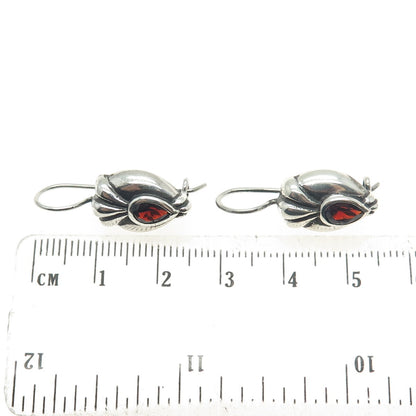 925 Sterling Silver Vintage Real Pear-Cut Red Garnet Oxidized Earrings