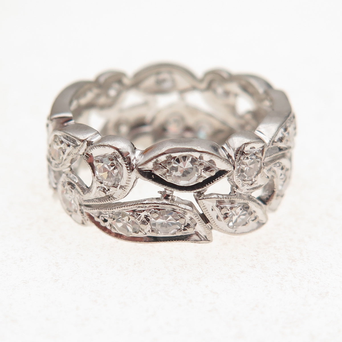Platinum Antique Art Deco Real Round-Cut Diamond Floral Band Ring Size 5.25