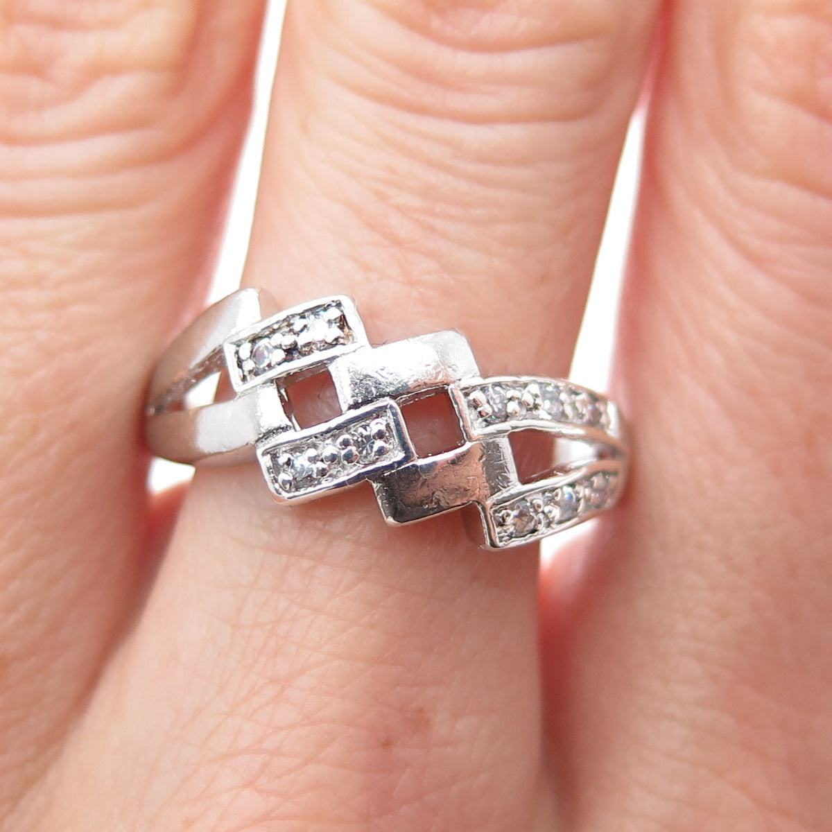 925 Sterling Silver Vintage Round-Cut C Z Geometric Ring Size 9.25