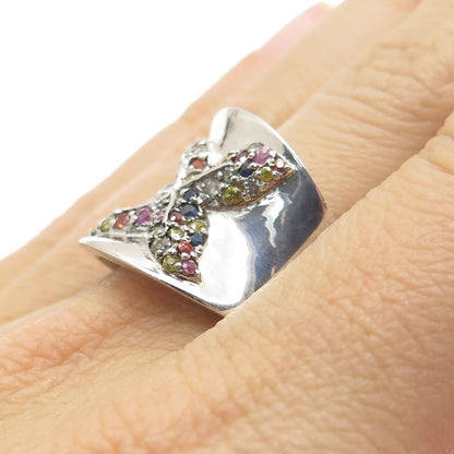 925 Sterling Silver Real Round-Cut Multi-Color Sapphire Flower Ring Size 7.75