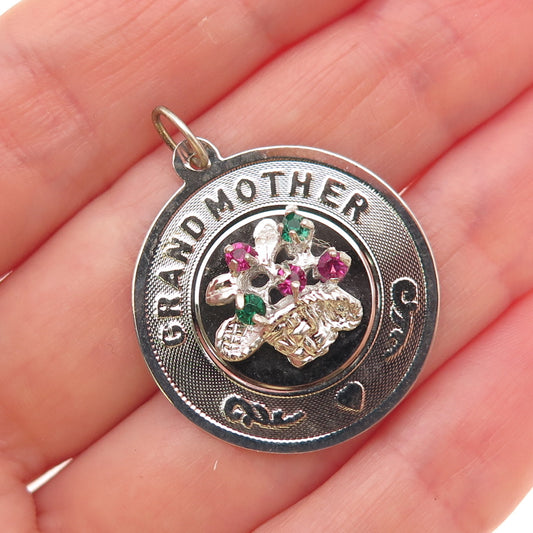 925 Sterling Silver Vintage Rhinestone Grand Mother Flower Charm Pendant