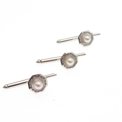 Mikimoto 925 Sterling Antique Japan Real Akoya Pearl SET of 3 Tuxedo Shirt Studs