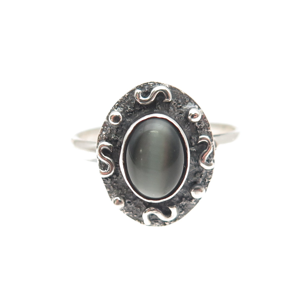 925 Sterling Silver Vintage Real Cat's Eye Modernist Oxidized Ring Size 8