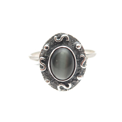 925 Sterling Silver Vintage Real Cat's Eye Modernist Oxidized Ring Size 8