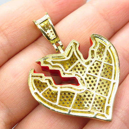 925 Sterling Silver Gold Plated Pave C Z & Red Enamel Heart Pendant