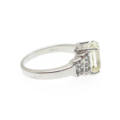 925 Sterling Silver Real Emerald-Cut Citrine & White Topaz Ring Size 6