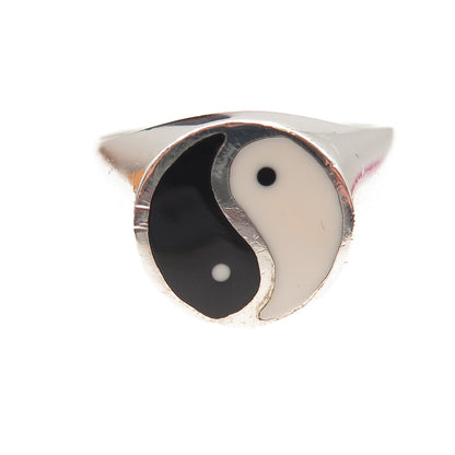 925 Sterling Vintage Mexico Real Black & White Onyx Yin Yang Ring Size 13.25