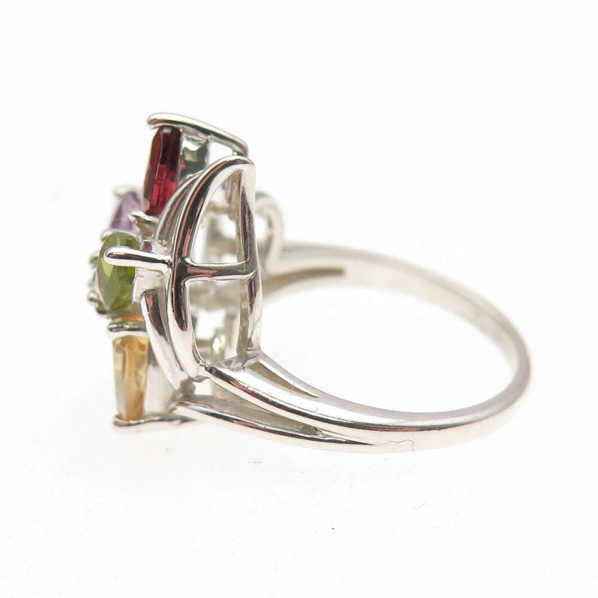 925 Sterling Vintage Real Topaz Citrine Amethyst Garnet & Peridot Ring Size 5