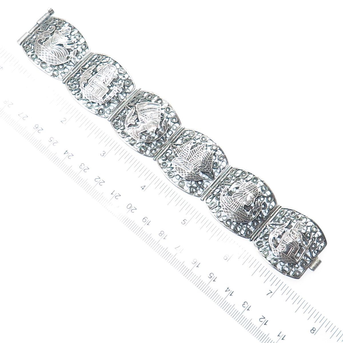 800 Silver Antique Egyptian Storyteller Filigree Oxidized Panel Link Bracelet 7"