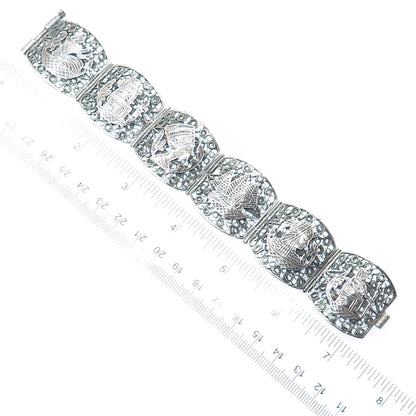 800 Silver Antique Egyptian Storyteller Filigree Oxidized Panel Link Bracelet 7"