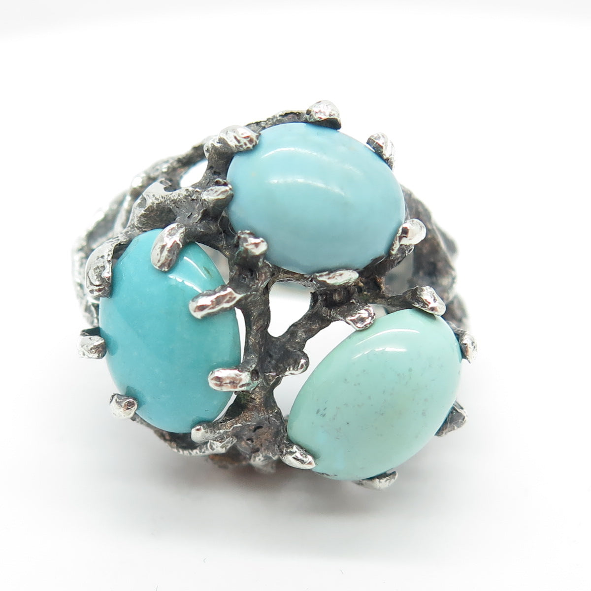 925 Sterling Silver Vintage Real Turquoise Gemstone Modernist Ring Size 6.25