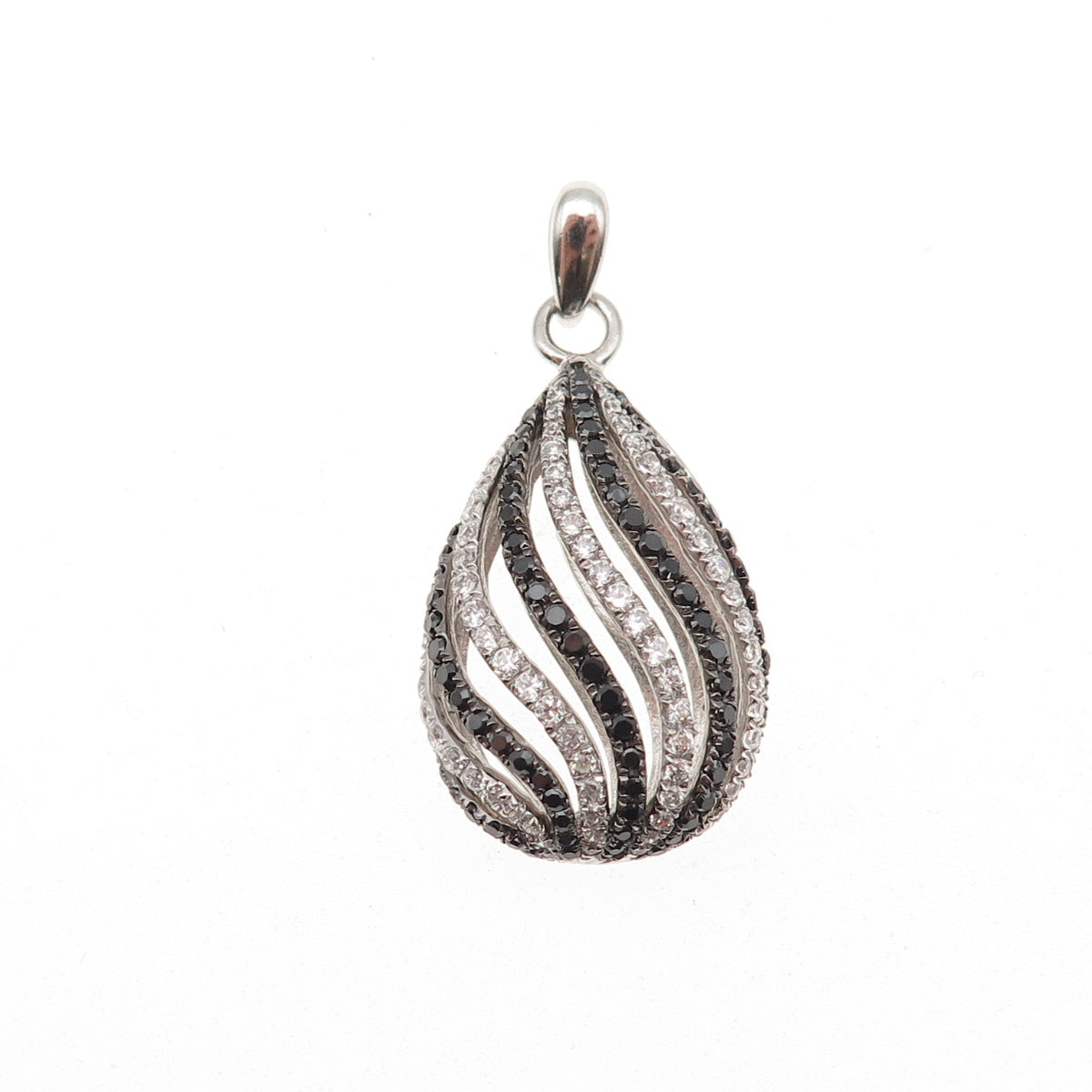 925 Sterling Silver Real Round-Cut Black Spinel & C Z Teardrop Charm Pendant