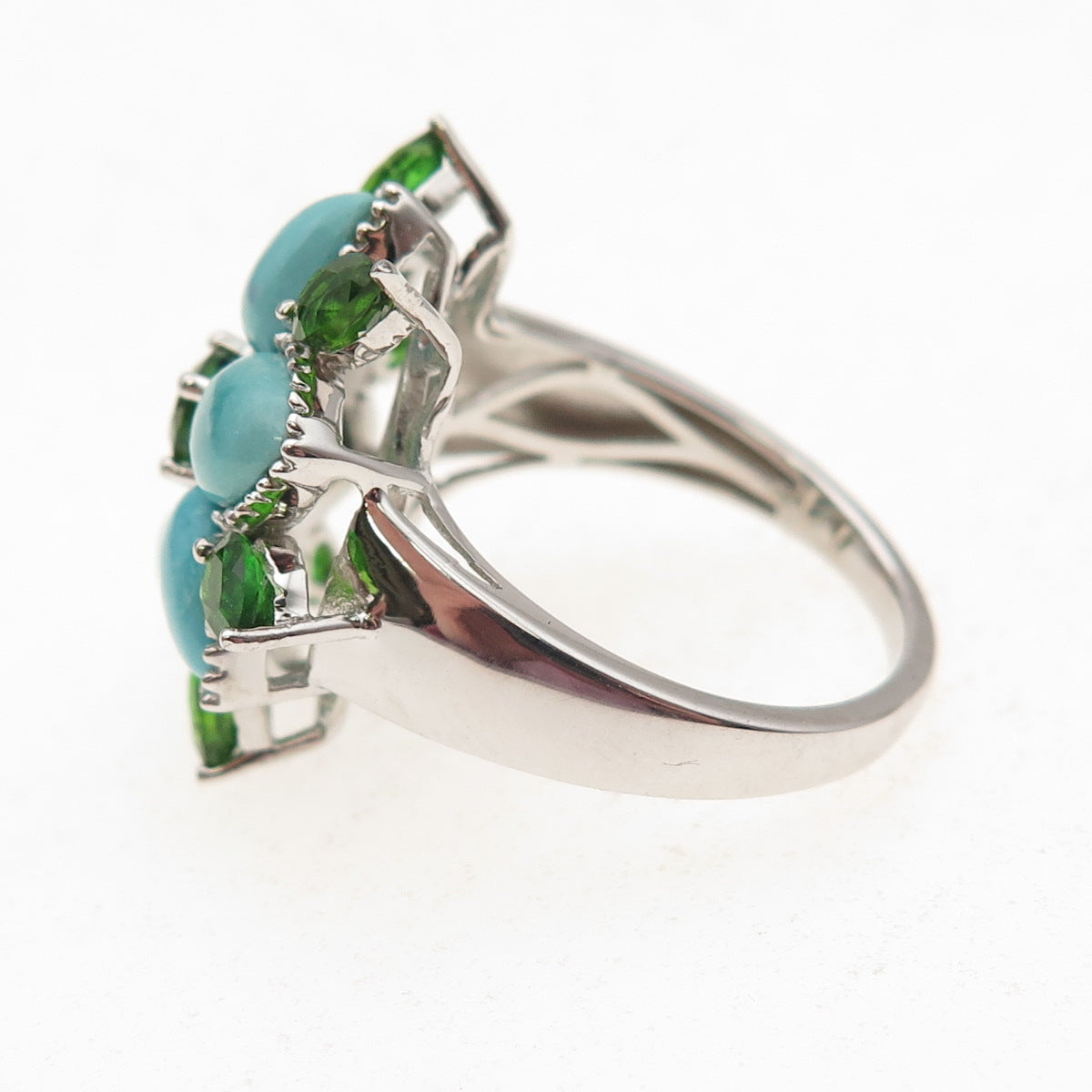 925 Sterling Silver Real Tyrone Turquoise & Peridot Floral Ring Size 8.25