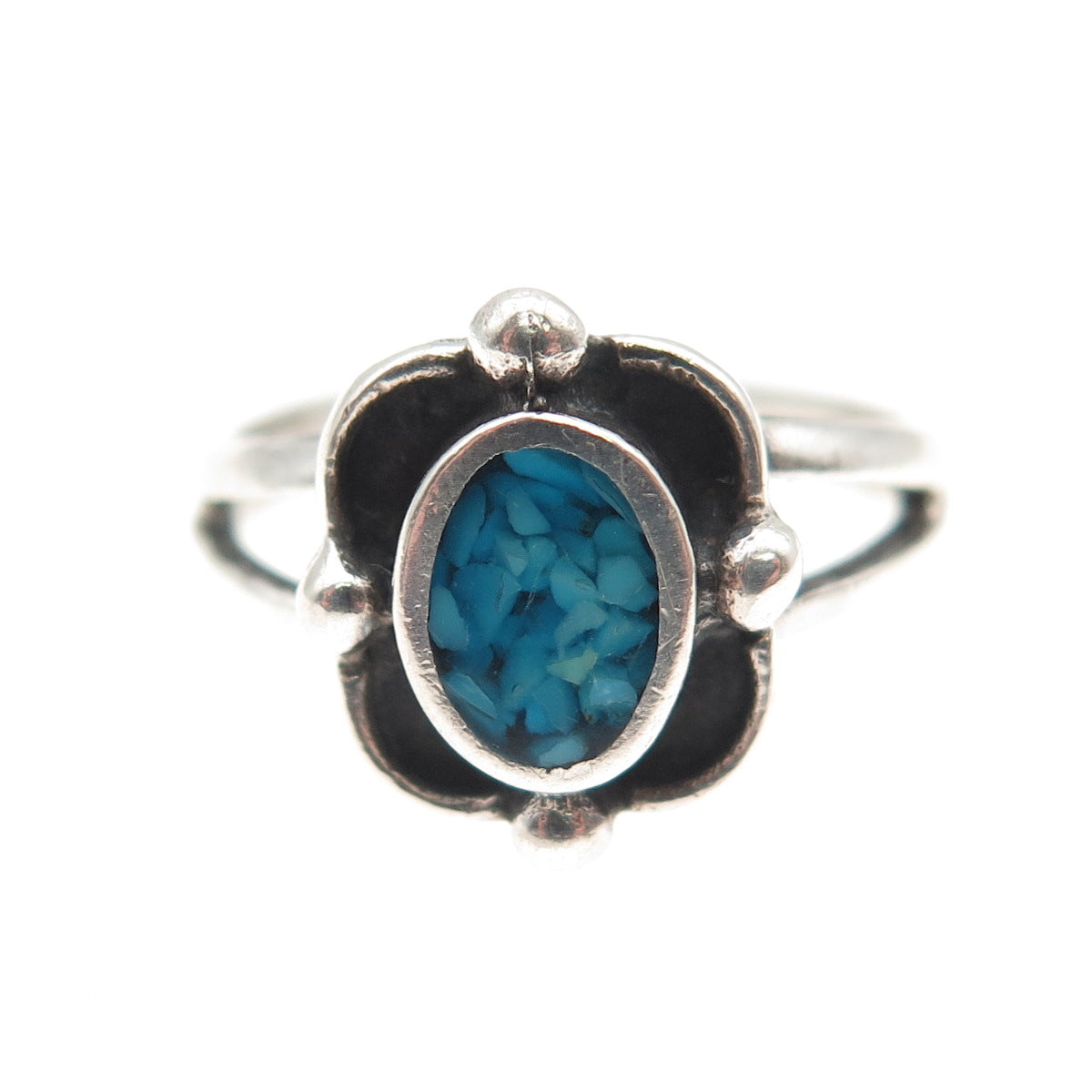 Old Pawn 925 Sterling Silver Vintage Turquoise Inlay Oxidized Tribal Ring Size 6