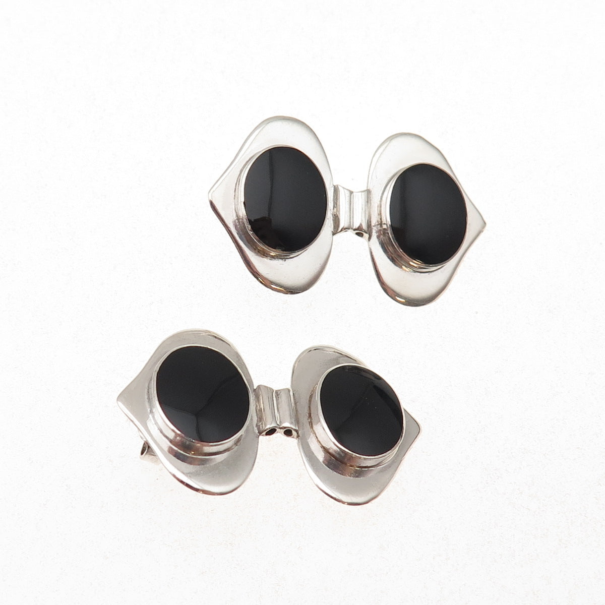 925 Sterling Silver Vintage Real Black Onyx Double Heart Oxidized Earrings