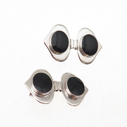925 Sterling Silver Vintage Real Black Onyx Double Heart Oxidized Earrings