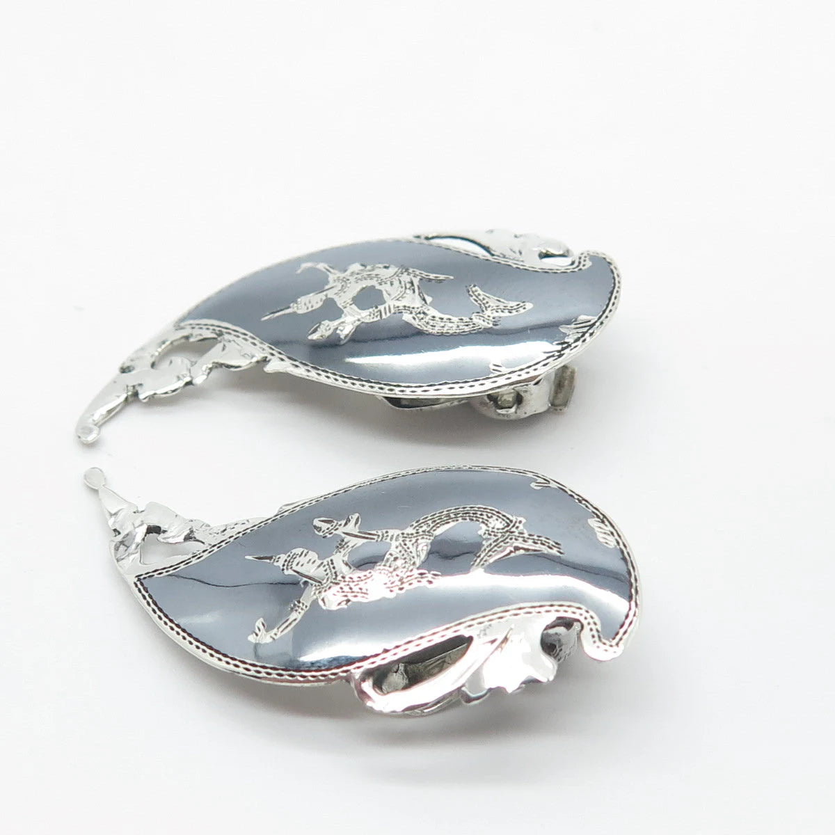 925 Sterling Silver Vintage Siam Niello Hindu Goddess Clip On Earrings