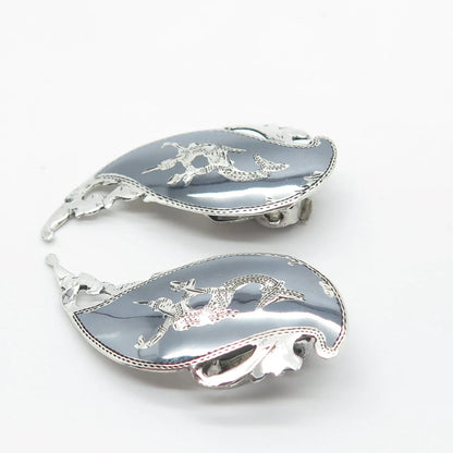 925 Sterling Silver Vintage Siam Niello Hindu Goddess Clip On Earrings