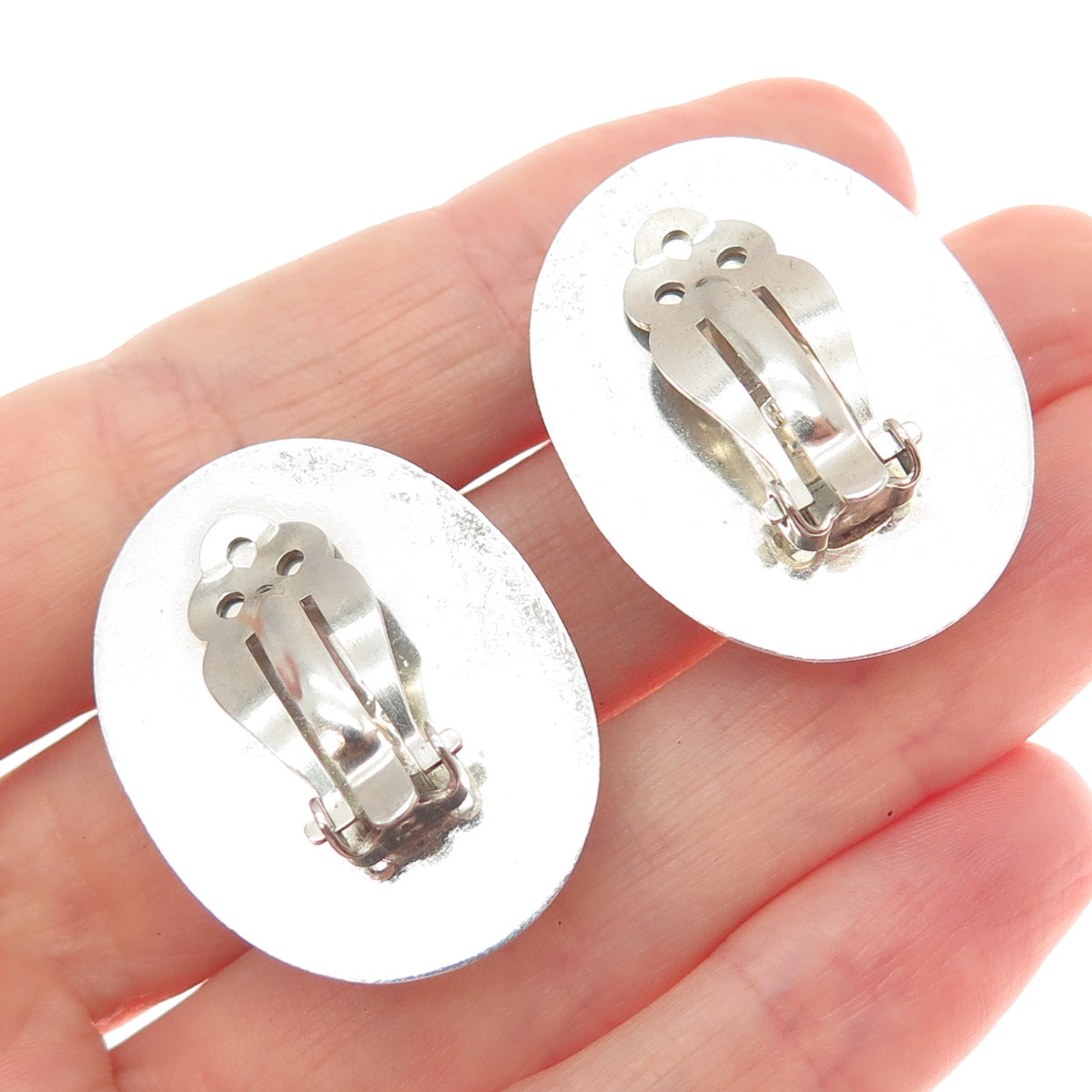 925 Sterling Vintage AIS Mexico Real Rose Quartz Modernist Clip On Earrings