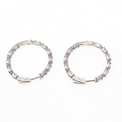 925 Sterling Silver Real Tanzanite White Topaz In & Out Hoop Earrings