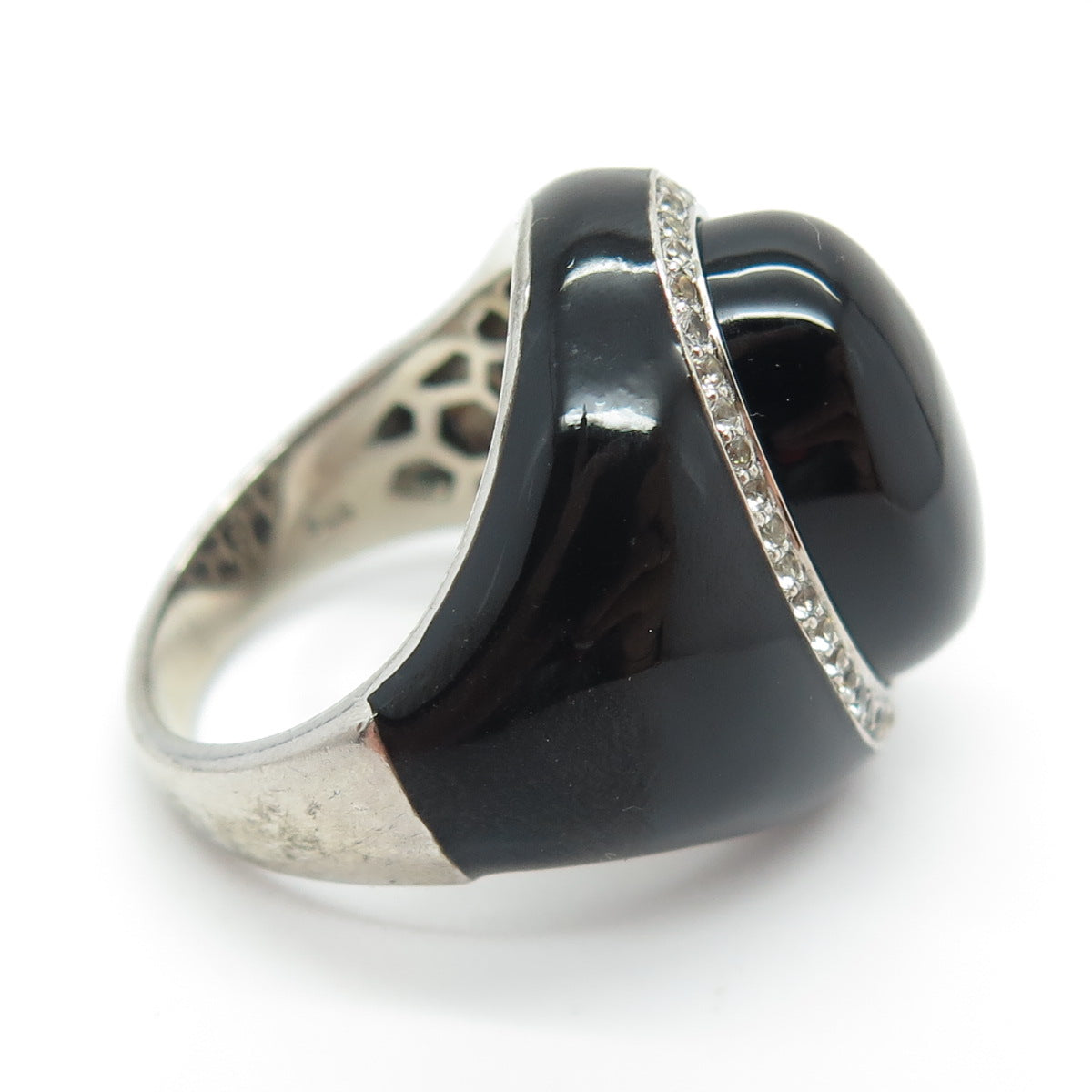 925 Sterling Silver Enamel Real Black Onyx & White Topaz Ring Size 7.25