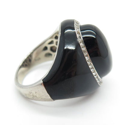 925 Sterling Silver Enamel Real Black Onyx & White Topaz Ring Size 7.25
