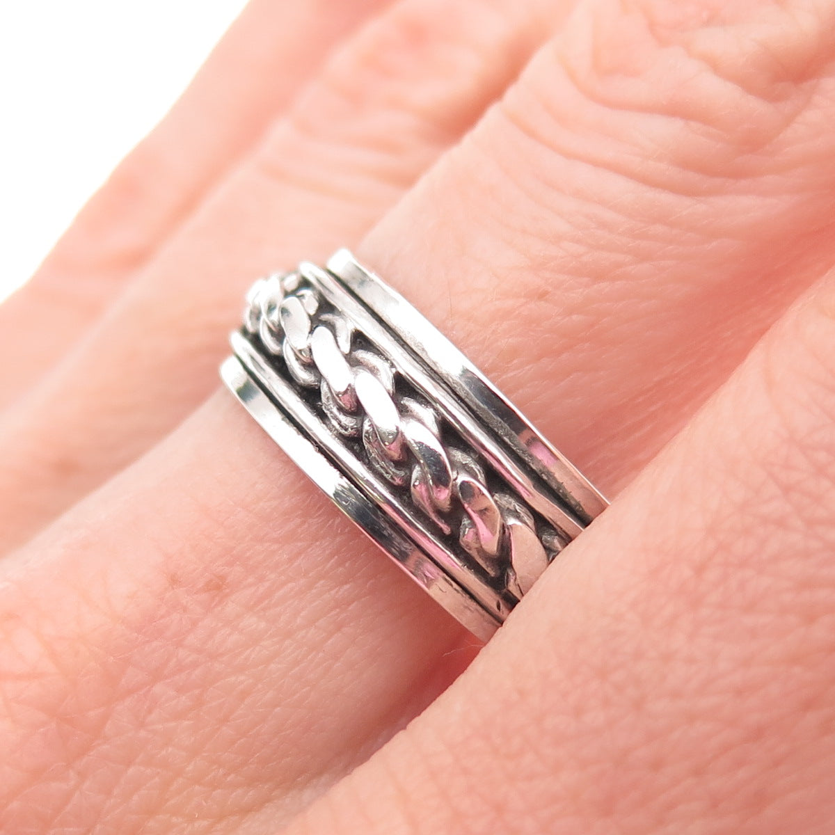 Geo Art 925 Sterling Silver Vintage Oxidized Chain Rotating Band Ring Size 10.25