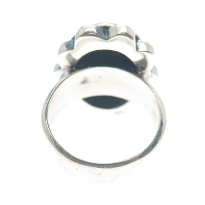 925 Sterling Silver Vintage Real Blue Sunstone Chain Link Oxidized Ring Size 8.5