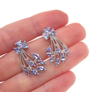 Chuck Clemency 925 Sterling Silver Real Multi-Cut Tanzanite Floral Earrings