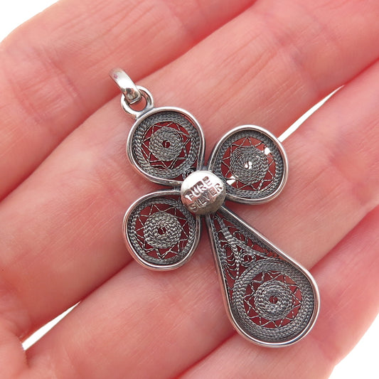 Pure 925 Sterling Silver Vintage Cross Filigree Oxidized Charm Pendant